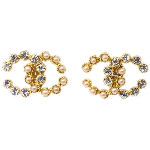 Chanel Gold CC Earrings Clip-On Rhinestone Artificial Pearl 28 194674 - Picture 1 of 4